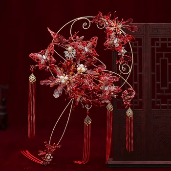 JaneVini Nádherný Čínske Svadobné Kytice Ventilátor Typ Umelé Červené Motýľ Kvety Perly Strapce Kovu, Ventilátorom, Svadobné Doplnky