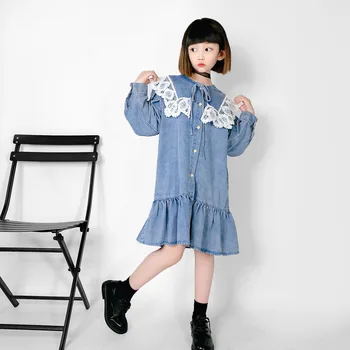 2020 Jeseň Fashion Dospievajúce Dievčatá Šaty 4 Do 14 Rokov Dievčatá Čipky Golier Kórejský Džínsové Šaty Deti, Dievčatá Roztomilý Princezná Šaty, #9139