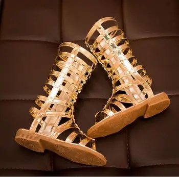 2016 letné topánky dievčatá sandály deti kolená vysoké gladiator sandále deti letné sandále pre dievčatá, zlato, striebro deti boot sandále