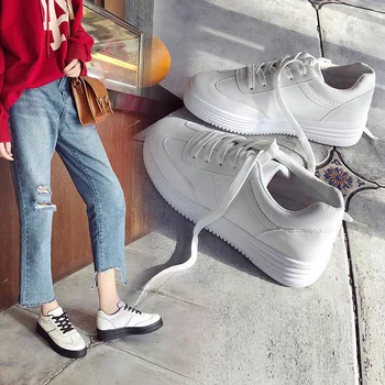 Jeseň nové módne dámske topánky bežné vysokej platforme otvor PU kožené prekladané jednoduché ženy bežné biele topánky, tenisky