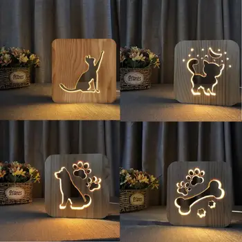 Deti Darčeky LED USB Nočné Svetlo Drevené Psa Packa Mačka, Vlk Hlavu Zvierat Lampa Novinka Dieťa Spálňa 3D Dekoratívne Stolové Svietidlo