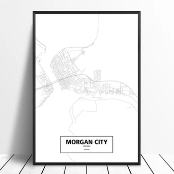 Morgan City, Louisiana, Spojené Štáty Čierna Biela Vlastný Svet Mape Mesta Plagát Plátno Tlačiť Nordic Štýl Wall Art Domova
