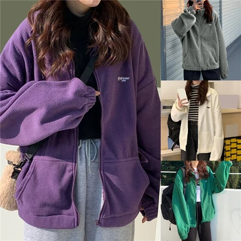 Harajuku Plus Velvet Hoodies Pre Ženy Zip-up Voľné Teplá Mikina Vrecká List Bežné Streetwear Žena Mikina