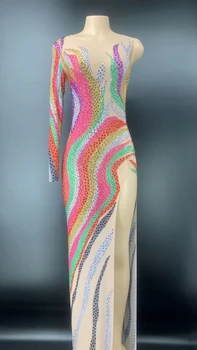 Luxusné Farebné Sequined Ženy Šaty Očarujúce O Krk Dlhý Rukáv Ženy Tanec Prom Party Šaty s Vysokým Strane Split
