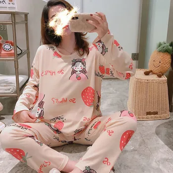 2020 Jeseň Pyžamá Nastaviť Ženy Sleepwear Cartoon Kawaii Pijama Vzor Pyžamo Nastaviť Tenké Pijamas Mujer Sleepwear Odev