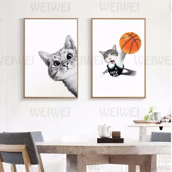 Čierna a Biela Mačka Domáce Dekorácie Maľovanie Roztomilý Legrační Zvieratá Steny v Obývacej Izbe Plátne, Plagát, Basketbal, Spálne, Tlačiť Obrázok