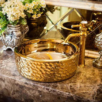 Zlato Čína Procelain umývadlo umývadlo Lavabo keramické umenie drezy Pultu keramické umývadlo kúpeľni, umývadlo