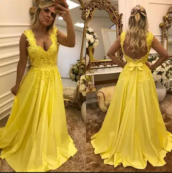 Nový Príchod Žltá Čipky Perly Dlhé Šaty Ples 2020 Zákazku Späť Otvorené Satin Formálne Večerné Šaty Lacné Party Šaty