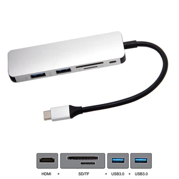 6In1 USB Typu C Hub Adaptér s 4K HDMI Viacportová Čítačka Kariet USB3.0 SD TF PD