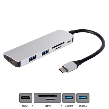 6In1 USB Typu C Hub Adaptér s 4K HDMI Viacportová Čítačka Kariet USB3.0 SD TF PD