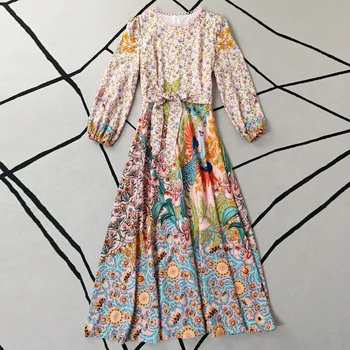 Dlhé Šaty 2020 Jeseň Nové Žien Nádherný Bežné Strany Svietidla Rukáv Phoenix Kvetina Tlače Vintage Elegantné Šaty
