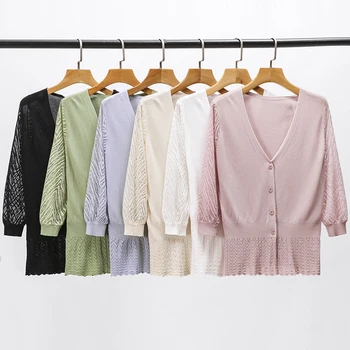 JINKAZI Žien knitwear 2020 lete nové Hanfan klimatizácia tričko čipky, krajky rukáv ice hodváb žien riedky krém na opaľovanie