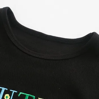 Artsnie Streetwear List Výšivky T Shirt Ženy Jar 2021 O Krk Krátky Rukáv Plodín Topy Volánikmi Pletené Čierne tričká