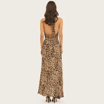 Sexy Plavky S Uväzovaním Za Backless Štrbinou Leopard Tlač Maxi Šaty Žien Backless Zábal Dlhé Šaty