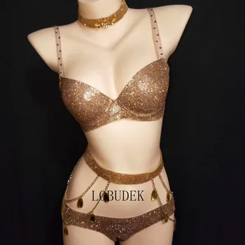 Sexy Zlato Kamienkami Bikini Fáze Oblečenie Kryštály Podprsenka Šortky 4 Kusy Nastaviť Ženy, Nočný Klub Pól Tanec Kostým Bar Strany Nosí
