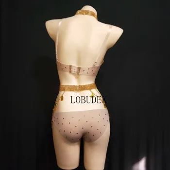 Sexy Zlato Kamienkami Bikini Fáze Oblečenie Kryštály Podprsenka Šortky 4 Kusy Nastaviť Ženy, Nočný Klub Pól Tanec Kostým Bar Strany Nosí
