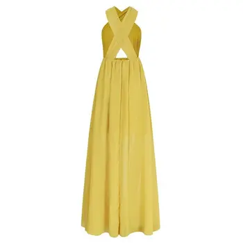 2020 Ženy V Krku Šaty Kríž Čipky Žltá Šifón Dlho Maxi Letné Šaty Plus Veľkosti Strán Elegantný Bežné Maxi Šaty Pláže