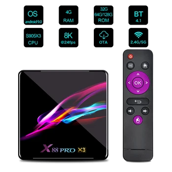 8K Android 9.0 TV Box X88 Pro X3 Amlogic S905X3 2.4 G/5G Wifi BT4.1 4K Media Player 4GB RAM, 128 GB ROM Smart Google TV Set-Top-Box