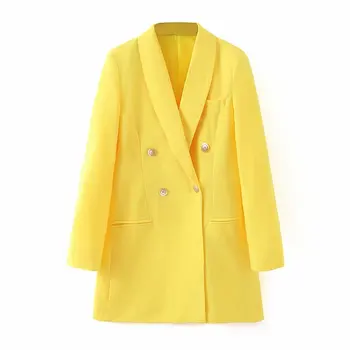 Pevné ženy módne farby žltá sako s dlhým rukávom, dvojité preasted outwear vyhovovali office lady vrecká business bunda topy