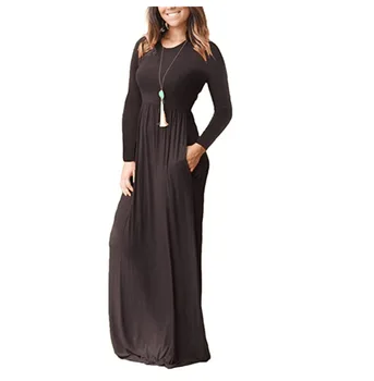 Elegantný dlhý rukáv pevné max žena šaty multi-color o-krku dĺžka podlahy jar a na jeseň ženské šaty