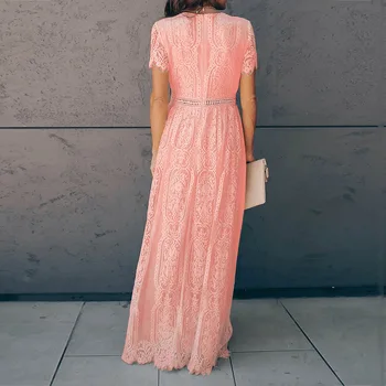 2020 letné šaty žien retro sexy tvaru duté-out čipky šaty žena krátky rukáv, dlhé šaty módne ružovej čipky dlhé šaty