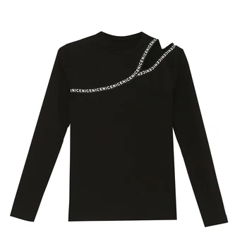 Móda Ženy Bavlna Turtleneck Tshirtt List Tlač Oblečenie 2019 Black Long Sleeve Top Sexy Ramena Topy Pre Ženy