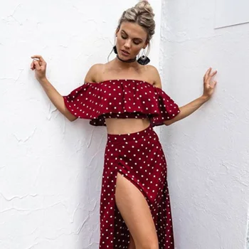 Ženy Šaty Off Ramenný Červená Vintage Dot Šaty Letné Dlhé Maxi Šaty Šifón Prehrabať Sexy Plážové Šaty Vestidos