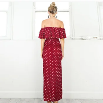 Ženy Šaty Off Ramenný Červená Vintage Dot Šaty Letné Dlhé Maxi Šaty Šifón Prehrabať Sexy Plážové Šaty Vestidos