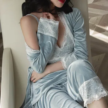 2021 Jeseň Nové Nežnej Ženy 3KS Pyžamo Vyhovovali Odev Sexy Spánku Nastaviť Kimono Šaty Bežné Intímne spodné Prádlo, oblečenie pre voľný čas Sleepwear