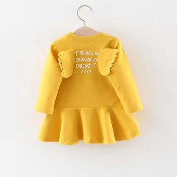 Hot Predaj Jeseň Bežné Baby Dievčatá Listov Tlač Dlhý Rukáv Šaty S Krídlami Dizajn Deti Batoľa Sprievod Sundress