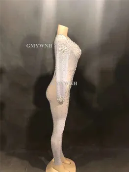 W48 Žena sexy oka vidieť-cez drahokamu jumpsuit rukáv crystal trikot strany nosenie vŕtanie siamské oblečenie disco šaty zobraziť