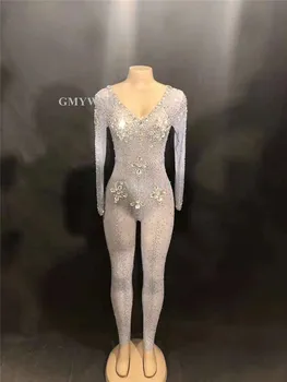 W48 Žena sexy oka vidieť-cez drahokamu jumpsuit rukáv crystal trikot strany nosenie vŕtanie siamské oblečenie disco šaty zobraziť