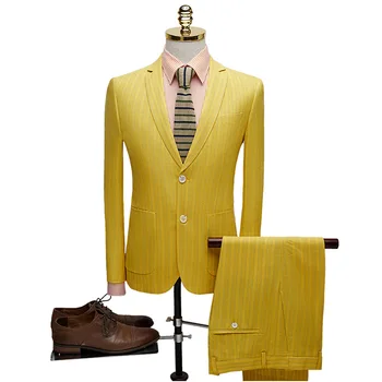 Pánske oblek na jar a na jeseň nové pánske oblek dvoch-dielny oblek (sako + nohavice) žlté pruhované business bežné obleku