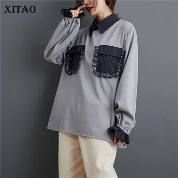 XITAO Móda Plus Veľkosť Blúzka Ženy Dlhý Rukáv Čipky Vrecko Falošné Dve Tričká Voľne Žijúcich Bežné Umenie Ženy Oblečenie 2020 WJ1357