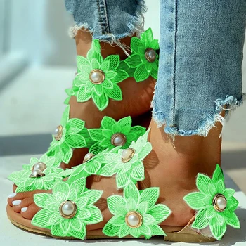 Ženy Remeselné Letné Sandále dámske Kvetinové Pearl Ploché Sandále Prst Prsteň Pláže Topánky Šaty Sladké Sandále Dámske Sandalias