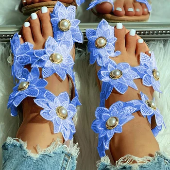 Ženy Remeselné Letné Sandále dámske Kvetinové Pearl Ploché Sandále Prst Prsteň Pláže Topánky Šaty Sladké Sandále Dámske Sandalias