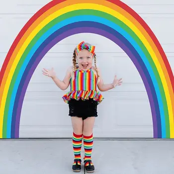 Letné Deti 2ks Outsuit Nastaviť Dievčatá Najvyššie Čipky Šortky Vyhovovali Krku-Závesné bez Rukávov Rainbow Vytlačené Prehrabať Lem Blúzka s hlavový most