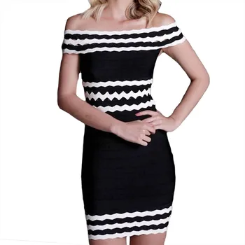 2020 Nové Ženy Šaty Black White Patchwork Elegantné Žakárové Obväz Šaty Lomka Krku Vestidos Celebrity Mini Večer Party Šaty