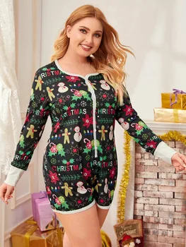 Vianočné Dámske Pyžamo Romper Patria Vianočné Snehuliaci Vytlačené Dlhý Rukáv Voľné Nightclothes Tlačidlá Spanie Nosenie