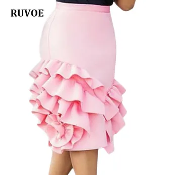 Nový Príchod Vysokej Kvality Baby Pink Mini Sukne Ženy Elegantné Sukne 2019 Vysoký Pás Volánikmi Koleno Dĺžke OL Ceruzku Sukne SK-177