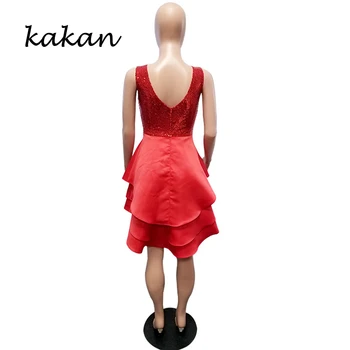 Kakan 2019 jar nové žien flitrami šaty club party sexy výstrih, krátke krátke šaty dlhé červené modré šaty