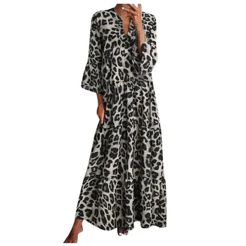 #H40 Hepburn Štýl Ženy Dlho Maxi Šaty V Krku Leopard Tlač Svetlice Rukávom Letné Šaty Dámske Ročník Beach Party Šaty Vestido