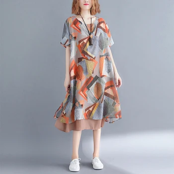 2020 elegantné dámy O-krku šifón šaty, letné-krátke rukávy vytlačené české voľné šaty, šitie, plus veľkosti 4XL h0020