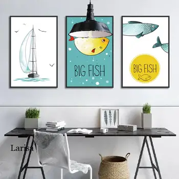 Veľké Ryby a Plachetnici Domáce Dekorácie Nordic Cartoon Zvierat Plátno na Maľovanie Plagátu Frameless Tlač Umeleckých Fotografií pre Deti Izba