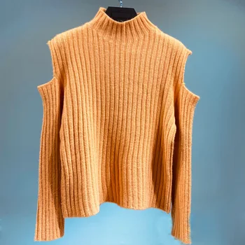 2021 jar nový sveter ženy pol vysoká krku bez ramienok wild vertikálne pruhy farbou dlhý rukáv pletený sveter ženy