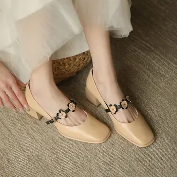 ALLBITEFO kvety pracky pohodlné mäkké originálne kožené vysoké podpätky, silné päty módne ženy čerpadlá vysokom podpätku topánky základné topánky