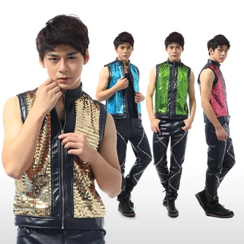 Kórejský mládež pánskej módy sequined slim vesta nočný klub mužský spevák hip hop výkon zobraziť tanečník fáze kostým
