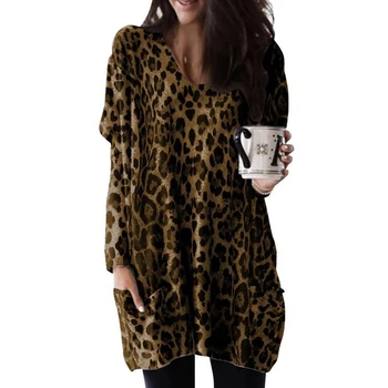 Jeseň Voľné Tričko Žena Vrecku t Shirt Ženy Dlhý Rukáv Leopard Vytlačené Ležérny Top Ženy Oblečenie, Pulóvre Jeseň Oblečenie