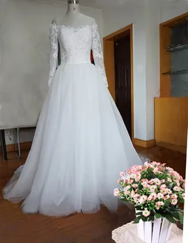 Skutočný Obraz Súd Tain Elegantné Vestidos De Novia Ramena Romantickej Čipky Svadobné Šaty 2019 s Rukávmi