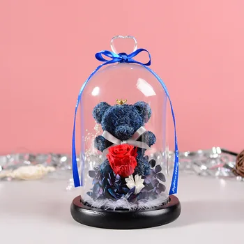 18 cm Konzervované Kvety Valentine Narodeniny, Svadba Halloween Domáce Dekorácie Sklo Pokryté Vysoko Kvalitné Krásne Medveď Rose Giftbox